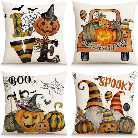 Fundas de cojín de Halloween, 45x45 cm, juego de 4, diseño de calabaza y gnomo, para el hogar, estilo rústico, ideal para el dormitorio o el sofá. (1/5)