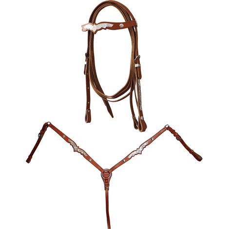 Marrone - Testiera e pettorale Western completa di redini con decorazioni in argento