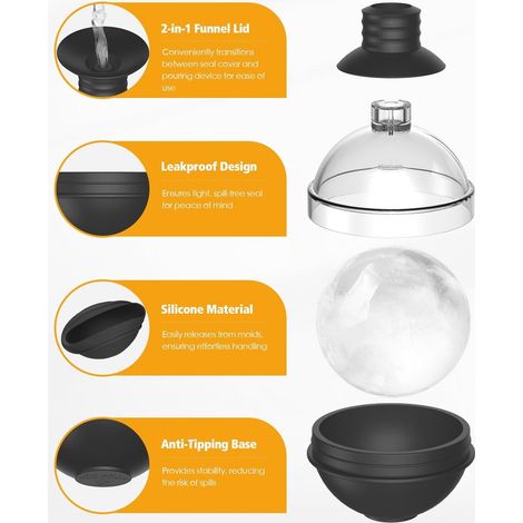 Große, runde Silikon-Eiswürfelform für Whisky – 4er-Set mit 2-in-1-Trichterdeckel – Leicht zu entnehmende Eiswürfelform – 6 cm Durchmesser für gekühlte Cocktails/Whiskys – Schwarz (1/5)