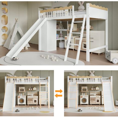 MEUBLIV Kinder-Hochbett 90x200 cm weiß und natur – mit Rutsche, ohne Matratze (1/5)