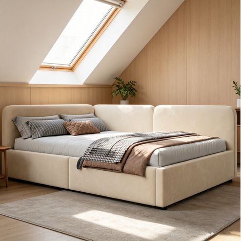 Cama baúl 140x200 de tela beige con almacenaje hidráulico y cabecero reversible HAVRYA (1/5)
