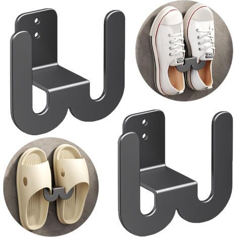 Lot de 2 supports à chaussures muraux en métal - Étagère à chaussures suspendue sans perçage - Montage mural - Porte-chaussures pour porte d'entrée de salle de bain - Noir (1/5)