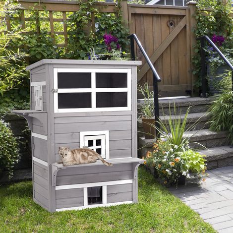 Caseta para Gatos de Madera Exterior Casa Grande para Gatos de 3 Pisos con Múltiples Entradas Ventanas y 2 Plataformas para Terraza Balcón Jardín 93,5x67x117 cm Gris (1/5)