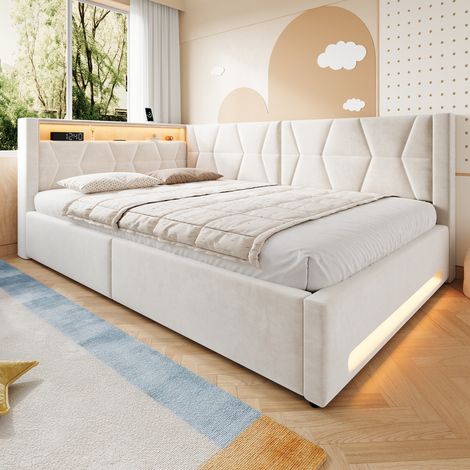 Lit coffre 140x200 cm en métal et velours beige, LED et USB, pour chambre, sans matelas – MEUBLIV (1/5)