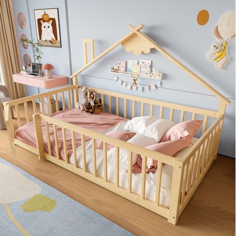 Lit enfant 90x190 cm avec barrière de sécurité verrouillable, en bois naturel, sans matelas (1/5)