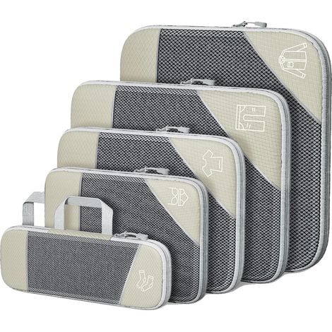 Cubos organizadores de viaje, diseño ligero, compresión que ahorra espacio, 5 piezas, beige (1/2)
