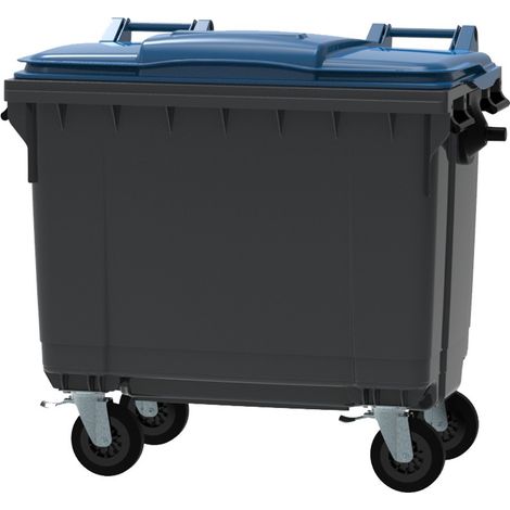 ESE France Conteneur Poubelle à déchets 4 roues - 660L - Robuste et Professionnel - 100% Recyclé - Gris avec Couvercle Bleu - Fabriqué en France (1/5)