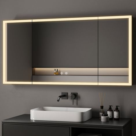 120 x 60 cm 3 Türen Spiegelschrank Bad mit Beleuchtung LED Spiegelschrank mit Beleuchtung Badspiegel Schwarz mit Beleuchtung Badschrank Hängeschränke mit 3 Einstellbare Lichtfarben Beschlagfrei, Schwa