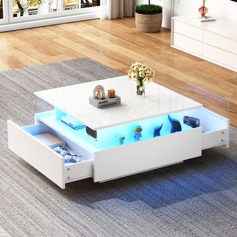 Table basse carrée 70×70×41 cm – Finition haute brillance – Éclairage LED intégré – Deux tiroirs et espace vitré – Salon séjour – Déco contemporaine - Blanc (1/5)
