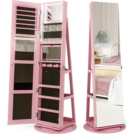 Armadio portagioielli girevole con specchio a figura intera luci LED, Organizer da terra di gioielli Rosa (1/4)