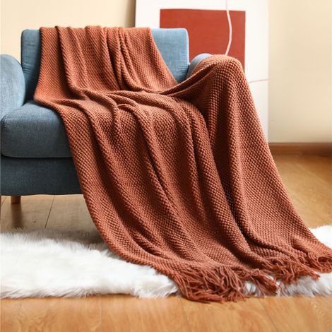 Leichte, strukturierte Strickdecke mit Bommeln, perfekt für Sofa oder als Dekoration (orange, 127 x 152 cm) (1/5)