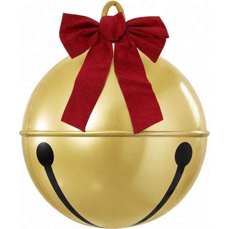 Boule de Noël gonflable géante, décoration en PVC avec nœud et cloche, dorée, 45 cm, pour intérieur et extérieur (jardin, pelouse). (1/5)