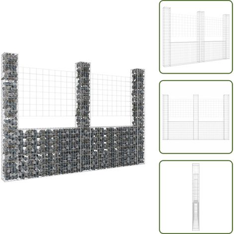 The Living Store Panier de gabion en forme de U avec 3 poteaux Fer 260x20x200 cm - Mur de soutènement (1/5)