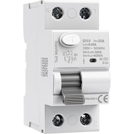 Disjoncteur Différentiel 30ma 25A 2P AC230V Interrupteur Différentiel 40a 30ma type AC pour les démarrages peu fréquents de circuits et de moteurs GYL9-2P-25A-0.03A-AC (1/5)