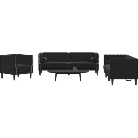 3-tlg. Chesterfield-Sofa-Set mit Nackenrollen Schwarz Samt