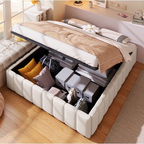 Cama tapizada 140/200 cm beige de lino y MDF con arcón hidráulico (1/5)
