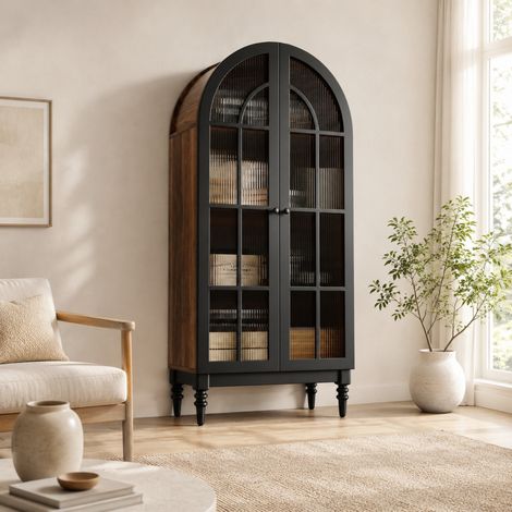 Vetrina alta moderna 76x38,5x165 cm in MDF nero, con contenitore per soggiorno FloraGrace (1/5)