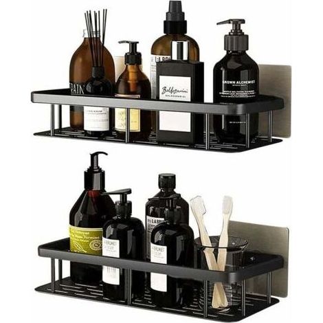 Douche sans perçage en aluminium, rangement de salle de bain résistant à la rouille, étagère de salle de bain autocollante, chariot de douche sans perçage avec 4 crochets - Noir (1/4)