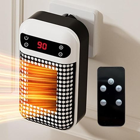 Mini radiateur d'appoint, radiateur mural portable avec télécommande, petit radiateur à prise murale avec thermostat réglable et minuterie 12 h, affichage LED (1/5)