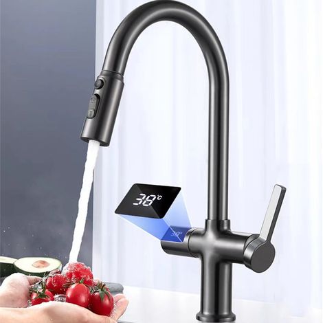 All-copper gunmetal gray digital display pull-out hot and cold water three-function kitchen sink faucet - gunmetal gray digital display with inlet pipe