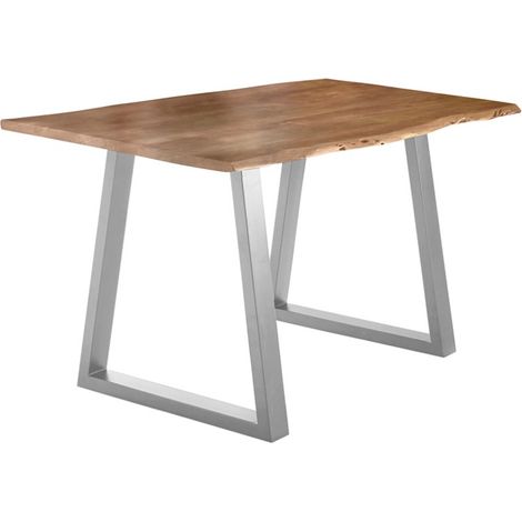 Esstisch Baumkante massiv Akazie natur 160 x 85 silber V-Gestell LUBIN (1/5)