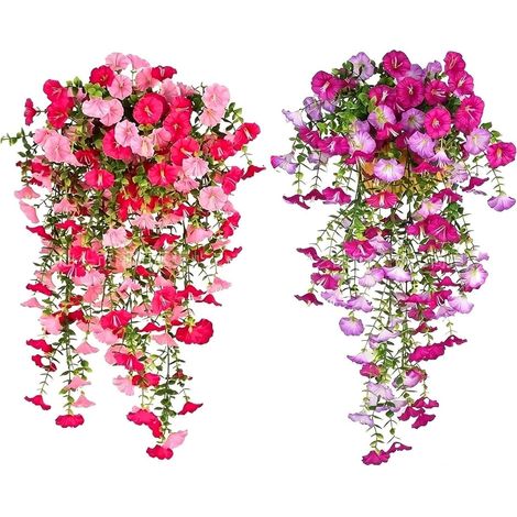 Lot de 4 fleurs artificielles à suspendre, pétunias artificielles, plantes artificielles à suspendre, fleurs artificielles pour extérieur, balcon, jardin, cour, mariage (1/5)