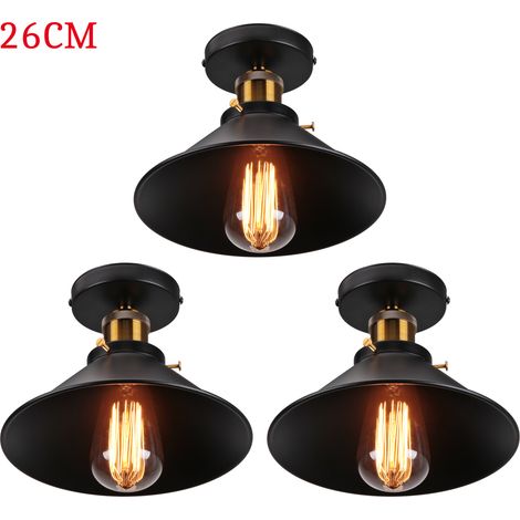 Deckenleuchte Vintage Retro Deckenlampe Industriell Eisen Lampenschirm Hutform 26cm Schwarz 3PCS