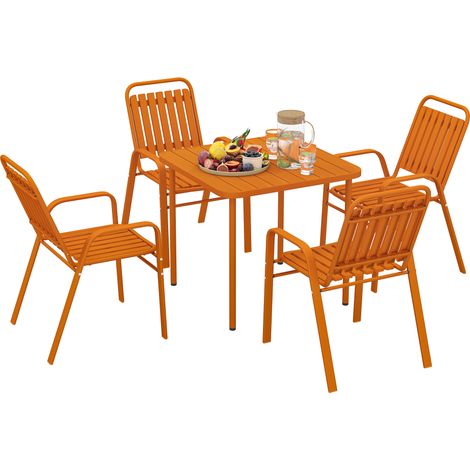 Table de jardin extérieure avec 4 chaises empilables, plateau à lattes 80 cm, structure en acier anti-rouille, orange