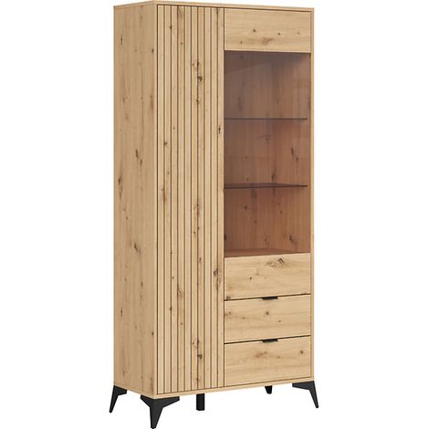 Vitrine haute avec 2 portes et 2 tiroirs,coloris Chêne artisan - Longueur 90 x Profondeur 41 x Hauteur 197 cm (1/4)