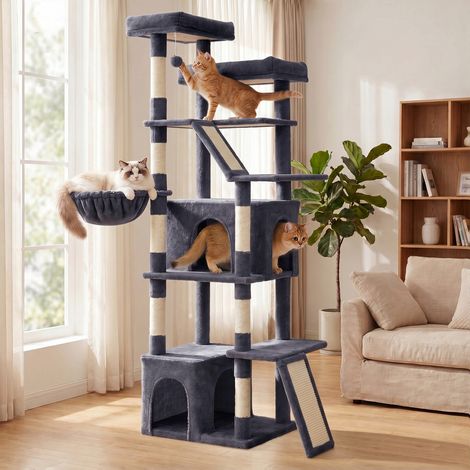Grand Arbre à Chat, Griffoir Robuste, pour Chats d’Intérieur, Tissu Peluche, Gris Foncé (1/5)