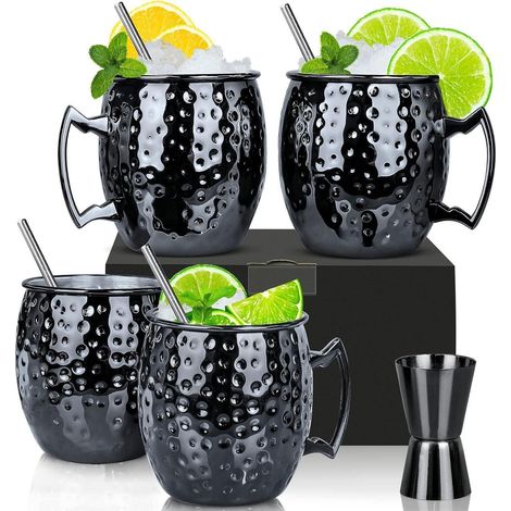 Moscow Mule Becher Set 4er Gunmetal Schwarz 550ml Trinkhalme Messbecher (1/5)