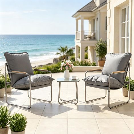 Set da giardino 3 pezzi 45x45x40,5 cm in metallo e vetro grigio con cuscini - MEUBLIV (1/4)
