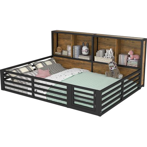 CHICFURN lit plateforme 140 x 200 avec barrière ouvrante rangement latéral éclairage LED et sommier à lattes (1/5)