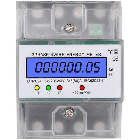 Compteur d'énergie triphasé à 4 fils 220/380 V 5-80 A, consommation électrique kWh, installation sur rail DIN, compteur d'énergie électrique numérique avec écran LCD rétroéclairé (transparent) (1/5)