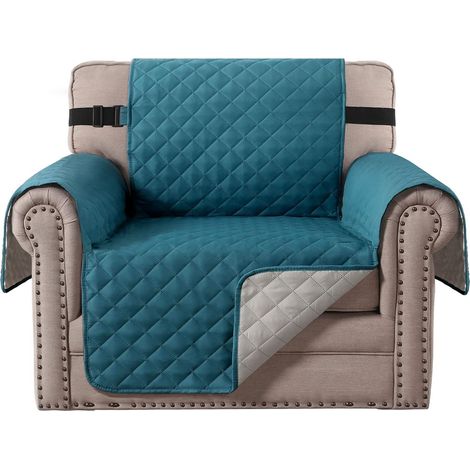 Reversible Chair Cover for Dogs and Pets, Water Repellent Couch Cover, Chair Slipcover, 2" Thick Straps, Non-Slip, Chair Protector, Soft Padded Seat, Up to 21" Width (Armchair, Teal dark/beige) (1/5)