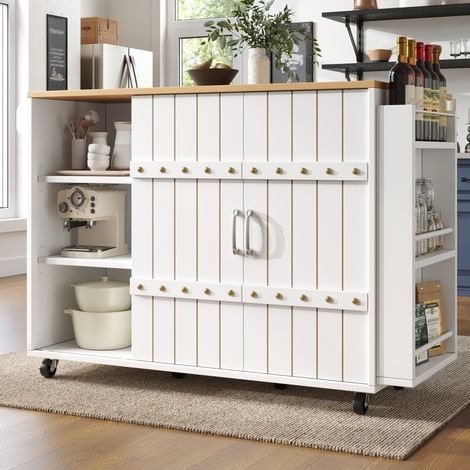 Buffet roulant cuisine blanc, desserte en bois veiné avec roulettes et plan de travail, meuble d'appoint doté d'étagère à épices et porte-serviettes, îlot à portes coulissantes et tiroirs. (1/4)