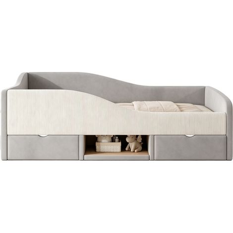 Lit bébé capitonné 90x190 cm, couchage évolutif avec 2 rangements intégrés et protections latérales, housse en velours tendre, sans sommier ni matelas, teinte anthracite (1/5)