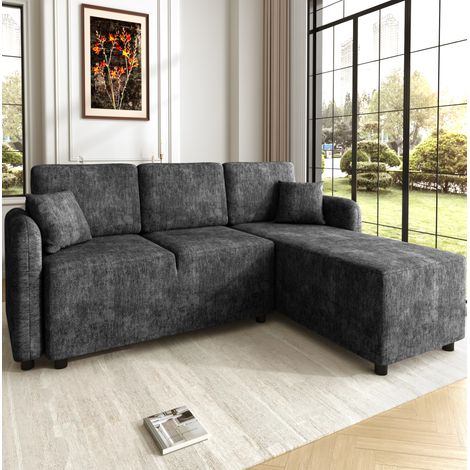 Canapé d’angle L 3 places avec méridienne 144 cm en chenille noire OKWISH (1/5)