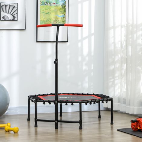 Trampolino fitness 114x114x132 cm con maniglia regolabile su 3 livelli e telaio in acciaio rosso.