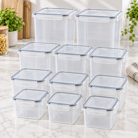 Relaxdays Vorratsdosen, 11er Set, mehrere Größen, luftdichter Klickdeckel, Etiketten, Lebensmittelbehälter, transparent (1/5)
