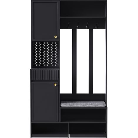 Ensemble de rangement d'entrée complet avec banquette, 4 crochets, portes et tiroirs - Noir, dimensions compactes 100×180×35 cm (L×H×P) (1/5)