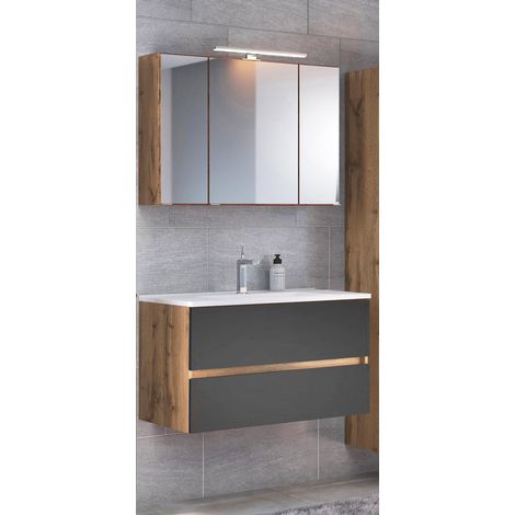 Waschplatz Set mit Mineragussbecken LOUROSA-03 in Wotaneiche Nb. mit matt grau, B/H/T: ca. 100/200/47 cm (1/5)
