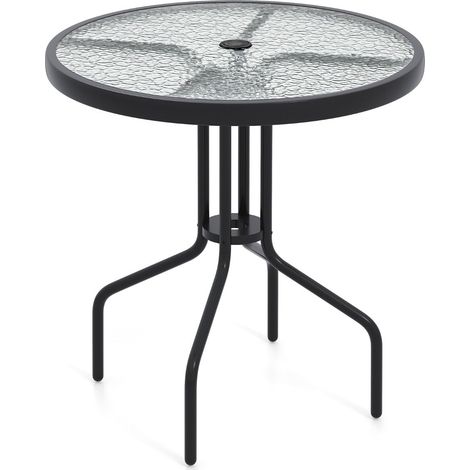 Tavolo da giardino rotondo 70 cm con foro per ombrellone design moderno metallo nero vetro temperato 200013995