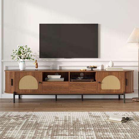 Mobile TV ovale in rattan, con ante scorrevoli, ante e cassetti, effetto legno, gambe in metallo, mobile multifunzionale per soggiorno con spazio contenitivo (1/5)