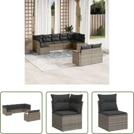 Rattanmöbel -  9-tlg. Garten-Sofagarnitur mit Kissen Grau Poly Rattan (1/5)
