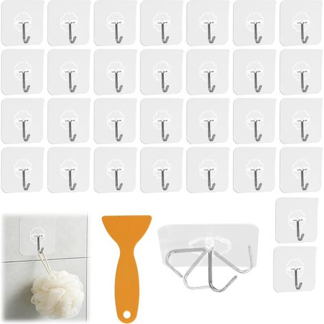 30 Pieces Crochet Adhesif Mural Avec Raclette,Adhesifs Muraux Transparente Extra Forte 10 Kg,Pour Cuisine Salle De Bain Salon Plafond Et Mur Interieur Et Exterieur,Crochets (1/5)