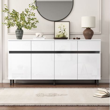 MEUBLIV Credenza bianca lucida 160x40x68 cm – 4 cassetti, 4 ante, ripiani regolabili (1/5)