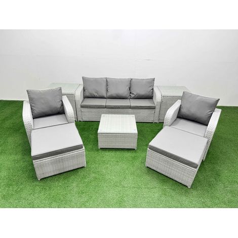 Fimous PE Rattan Garden Furniture Set Reclining Chair Sofa Lounge Sofa Set Square Coffee Table 2 Side Table 2 Big Footstool Light Grey (1/4)
