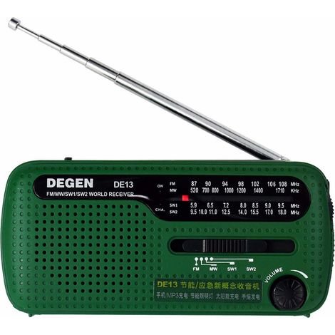 Das tragbare Notfallradio DE13 mit Handkurbel und Solarpanel, LED-Licht und Sirene sowie USB-Ladefunktion eignet sich ideal für Camping und Rettungseinsätze. (1/5)