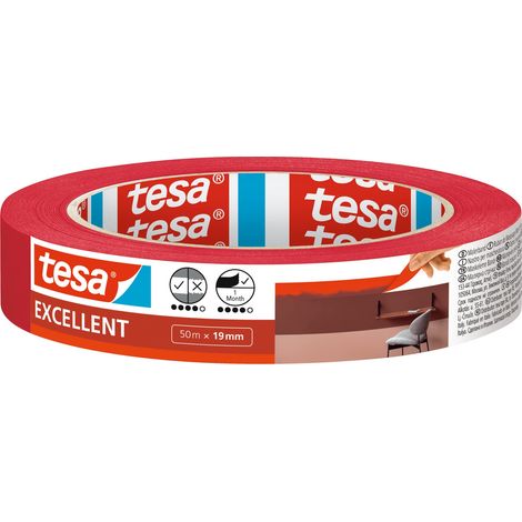 Tesa Nastro per Mascherature Excellent - Nastro adesivo da pittura in carta sottile per lavori di verniciatura - Per tutte le tinte, vernici e smalti - Uso interno - 50 m x 19 mm, Rosso, Rosso